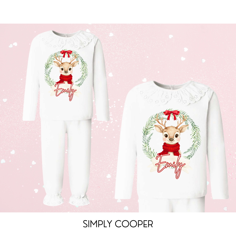 Red Reindeer Wreath Personalised Pyjamas White Frills