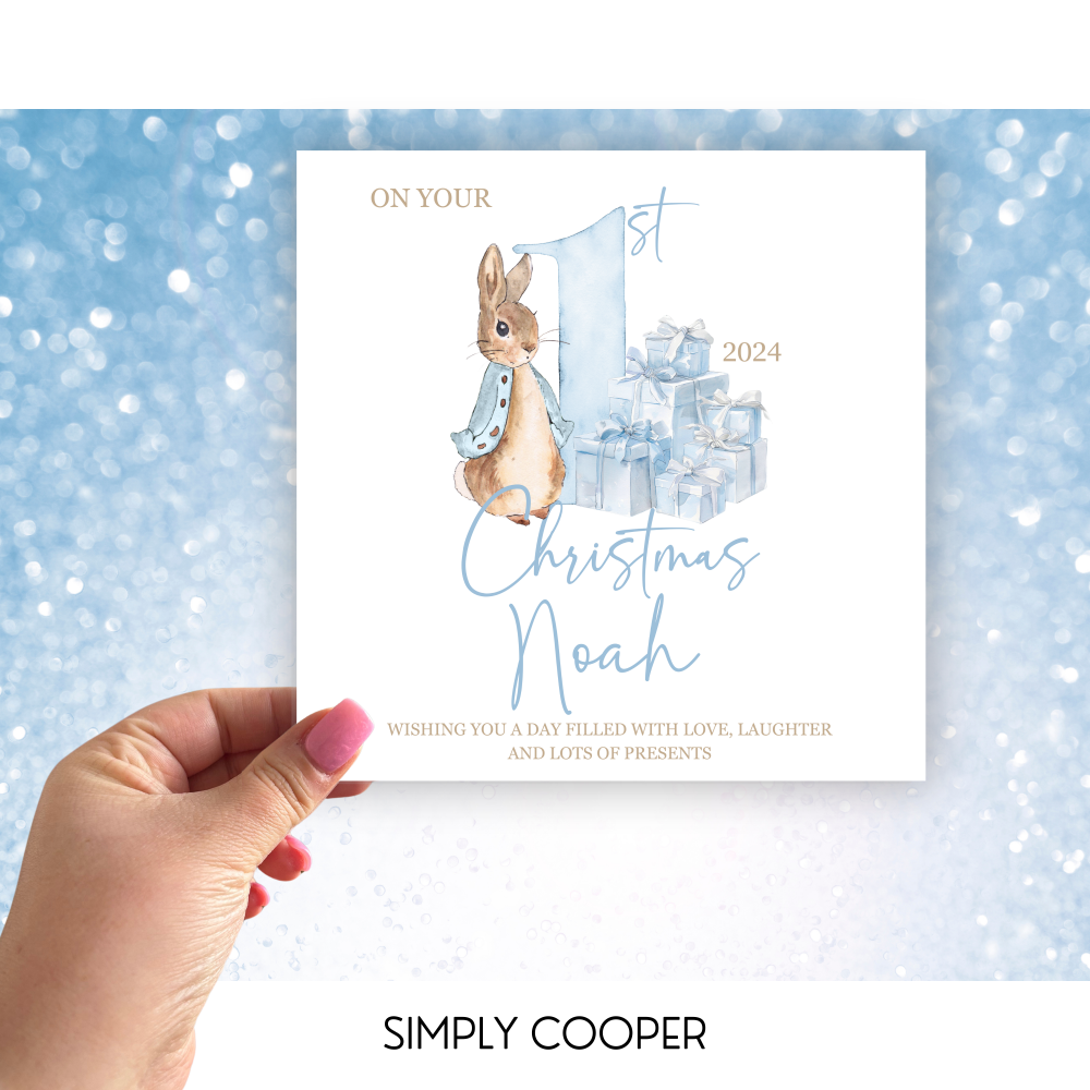 FIRST CHRISTMAS BUNNY PERSONALISED CHRISTMAS CARD BLUE
