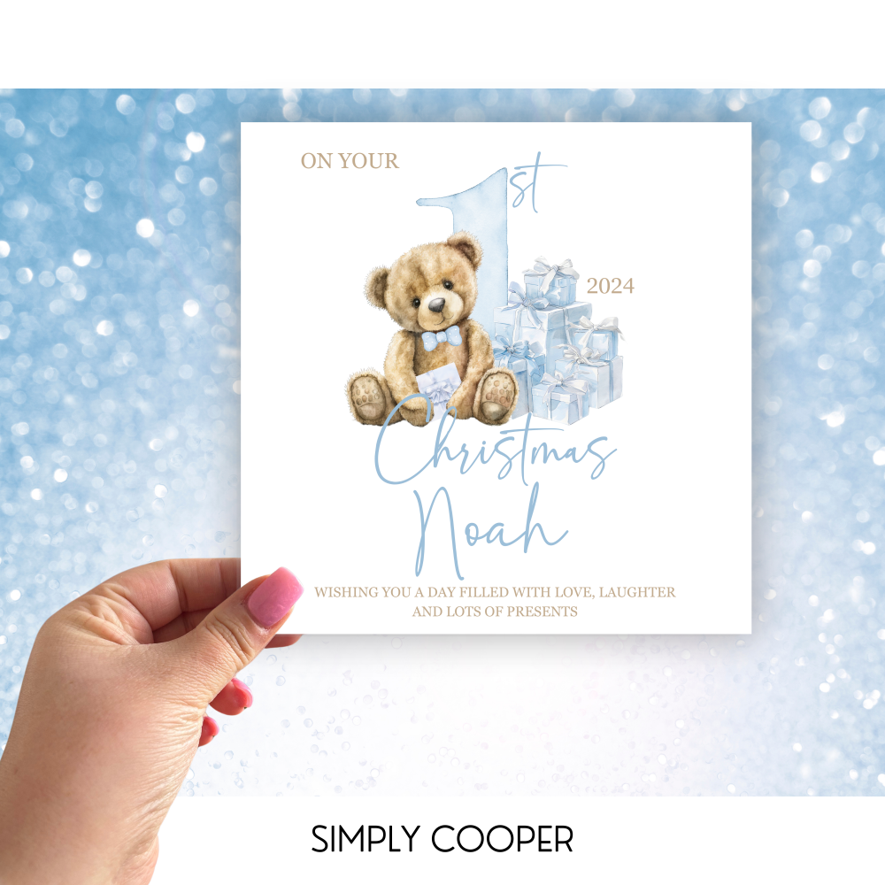 FIRST CHRISTMAS BEAR PERSONALISED CHRISTMAS CARD BLUE