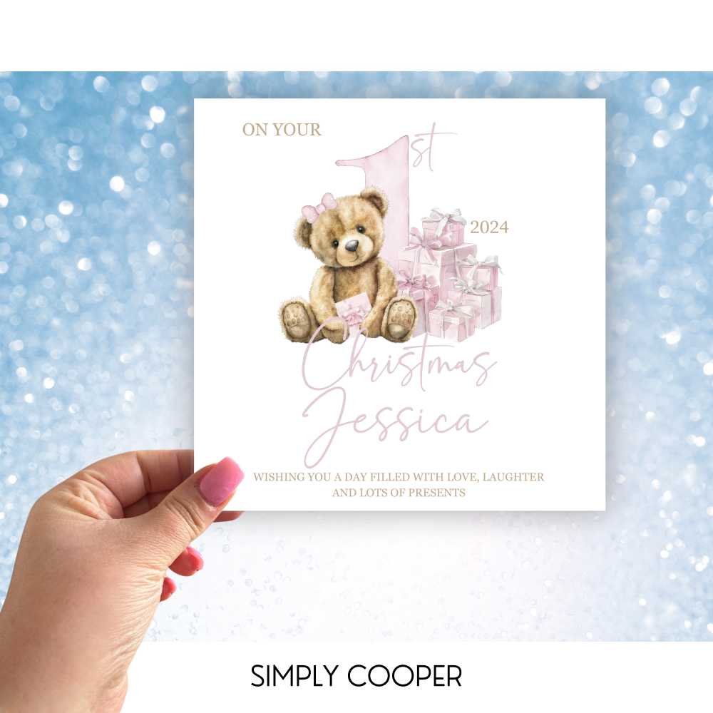 FIRST CHRISTMAS BEAR PERSONALISED CHRISTMAS CARD PINK