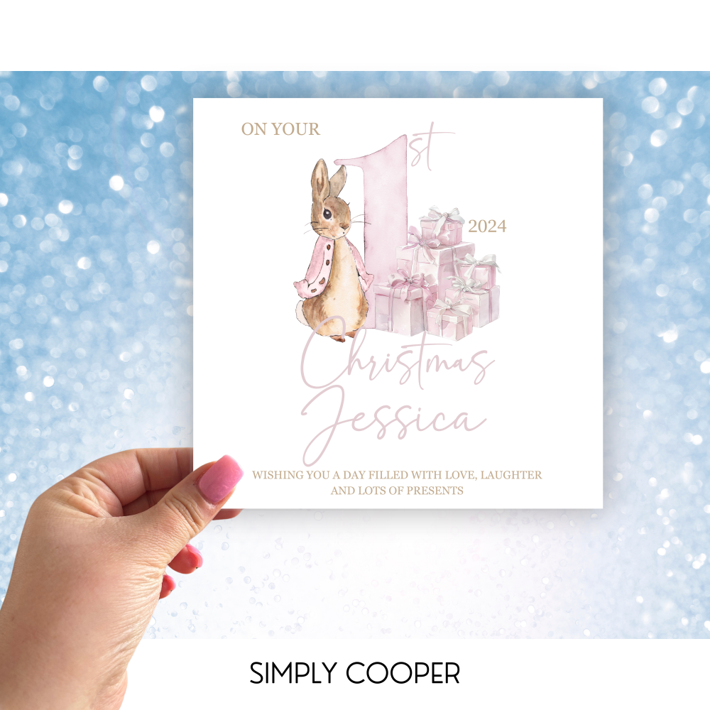 FIRST CHRISTMAS BUNNY PERSONALISED CHRISTMAS CARD PINK