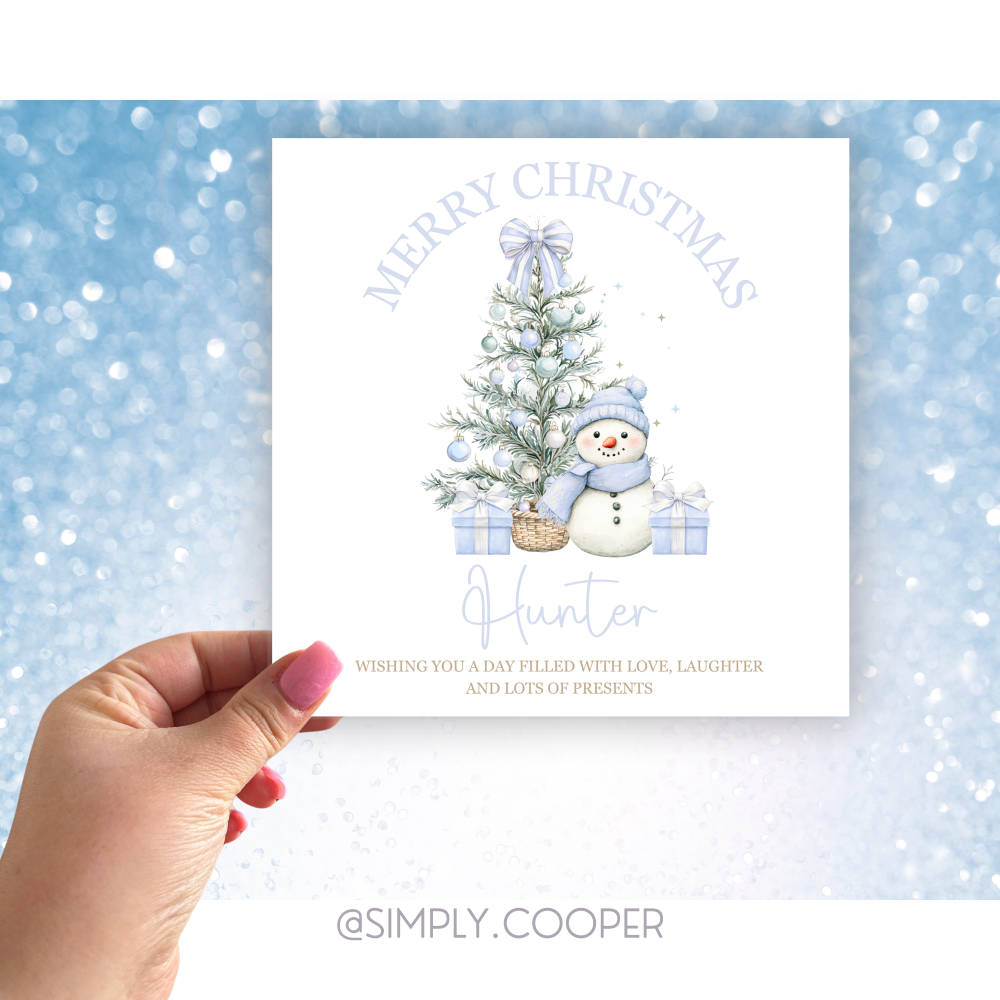 SNOWMAN PERSONALISED CHRISTMAS CARD BLUE