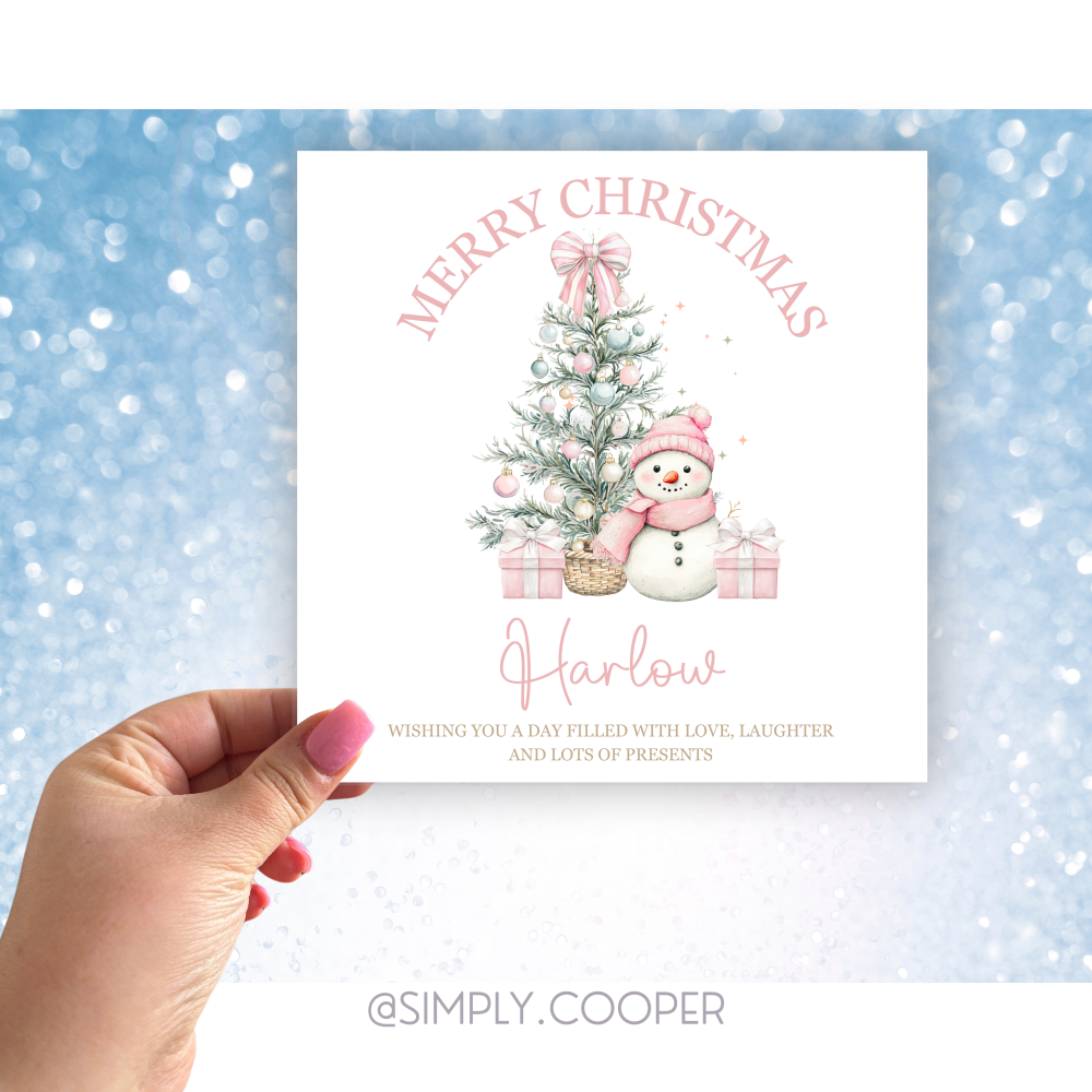 SNOWMAN PERSONALISED CHRISTMAS CARD PINK