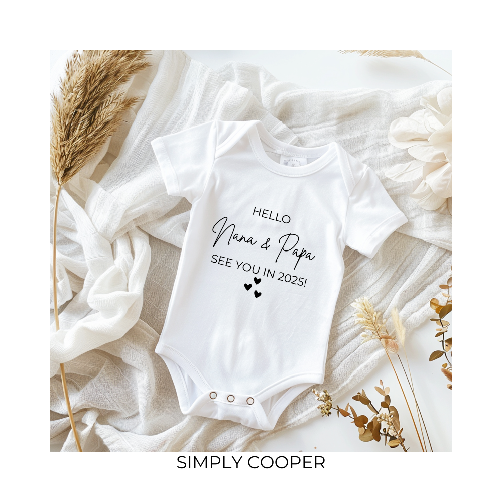 HELLO, SEE YOU IN 2025 PREGNANCY ANNOUNCEMENT BABY VEST
