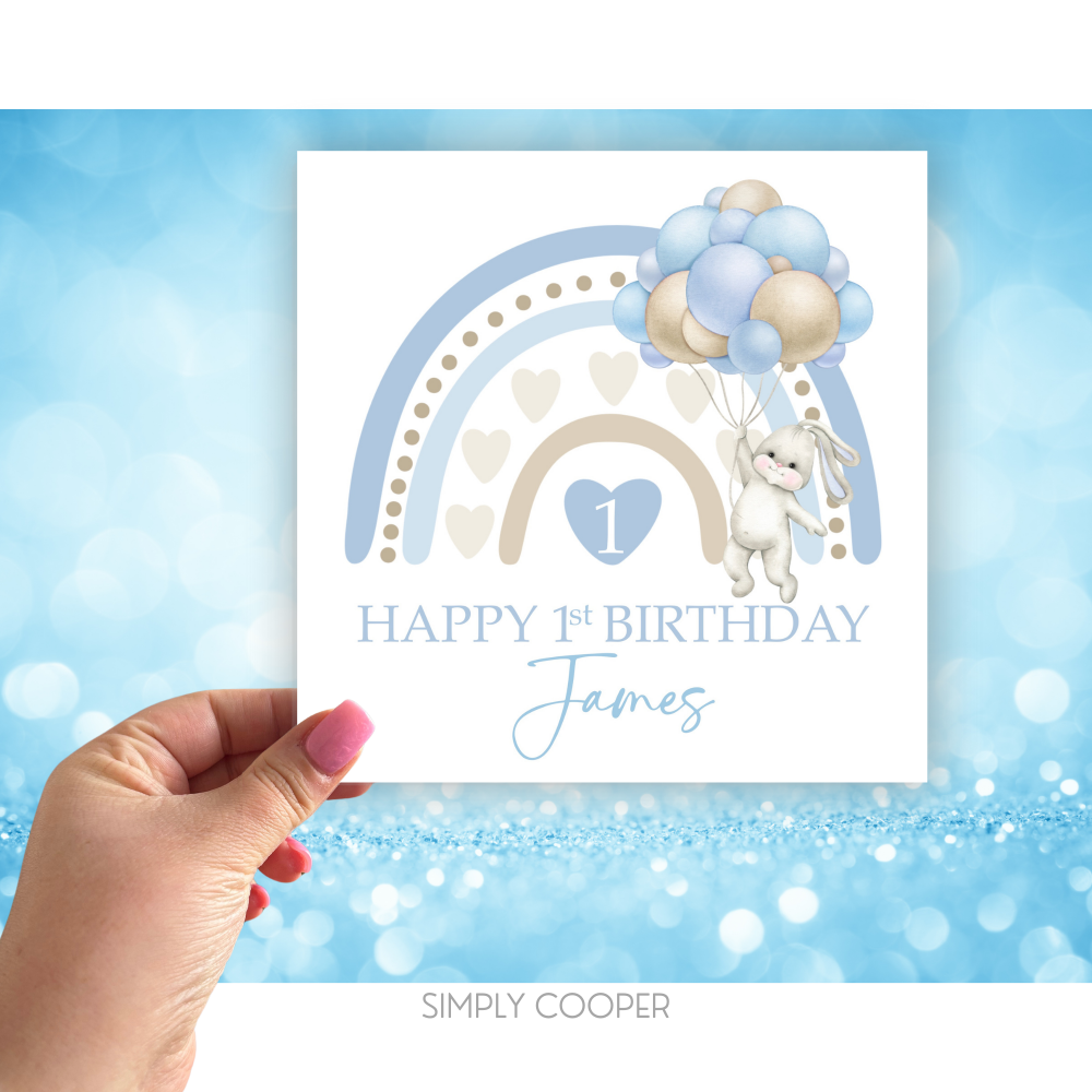 Blue 1st Birthday Bunny Rainbow Card