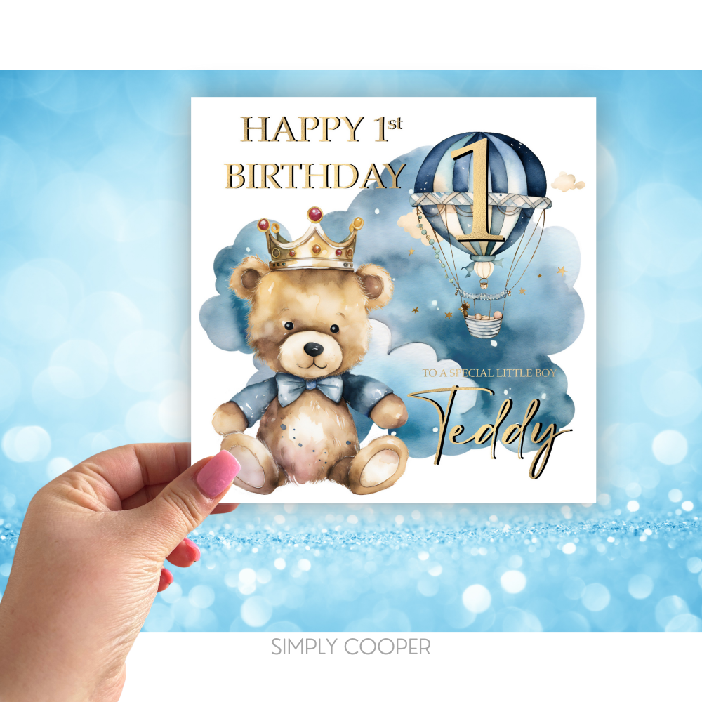Blue 1st Birthday King Bear Card