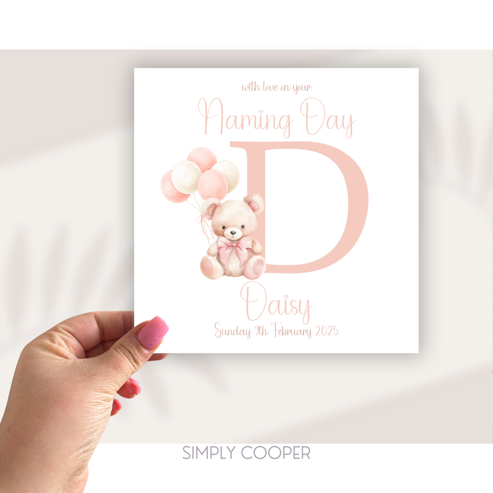 PINK BEAR NAMING DAY CARD