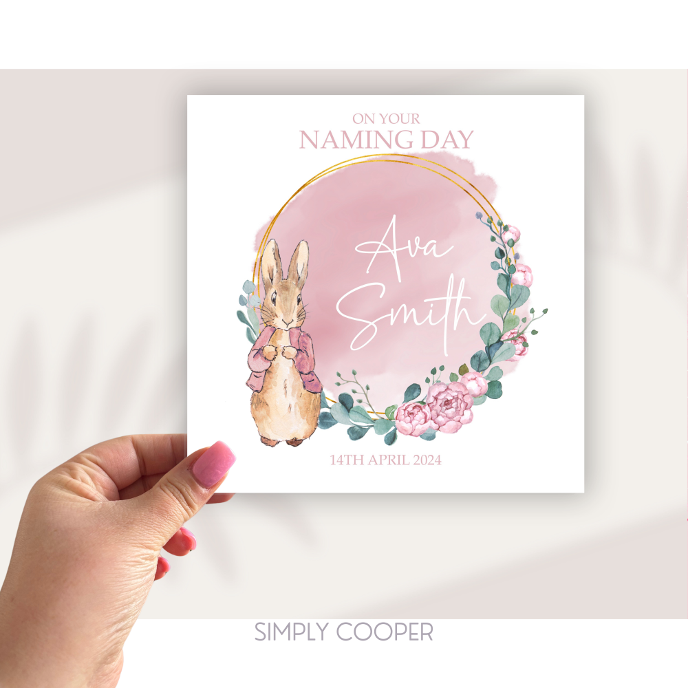 PINK BUNNY NAMING DAY CARD