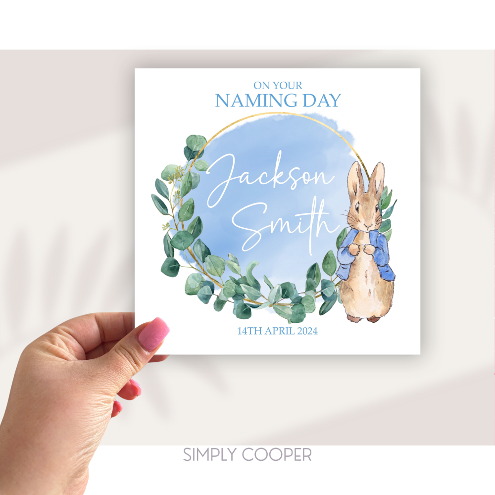 BLUE RABBIT NAMING DAY CARD