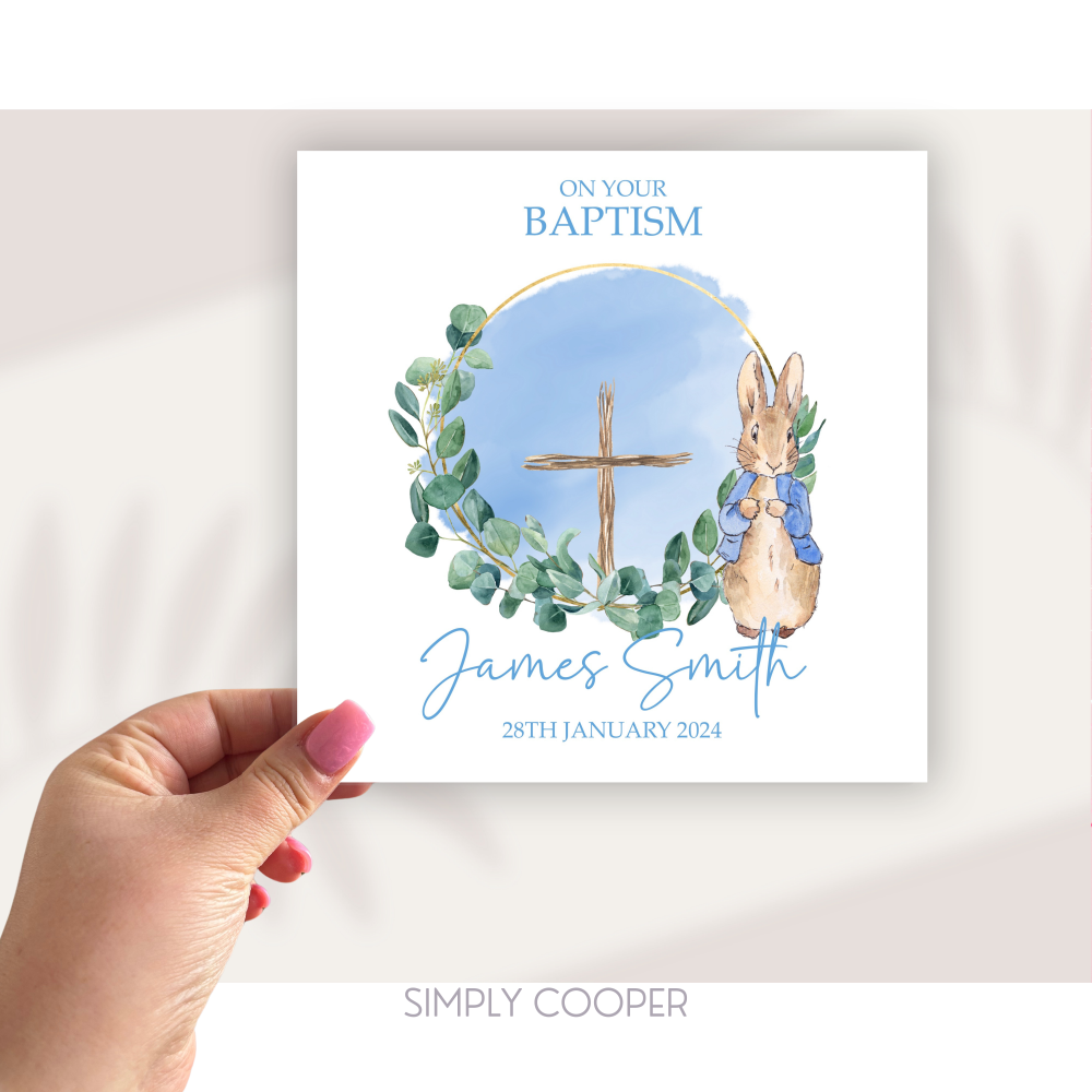 BUNNY GREENERY BAPTISM CARD - BLUE
