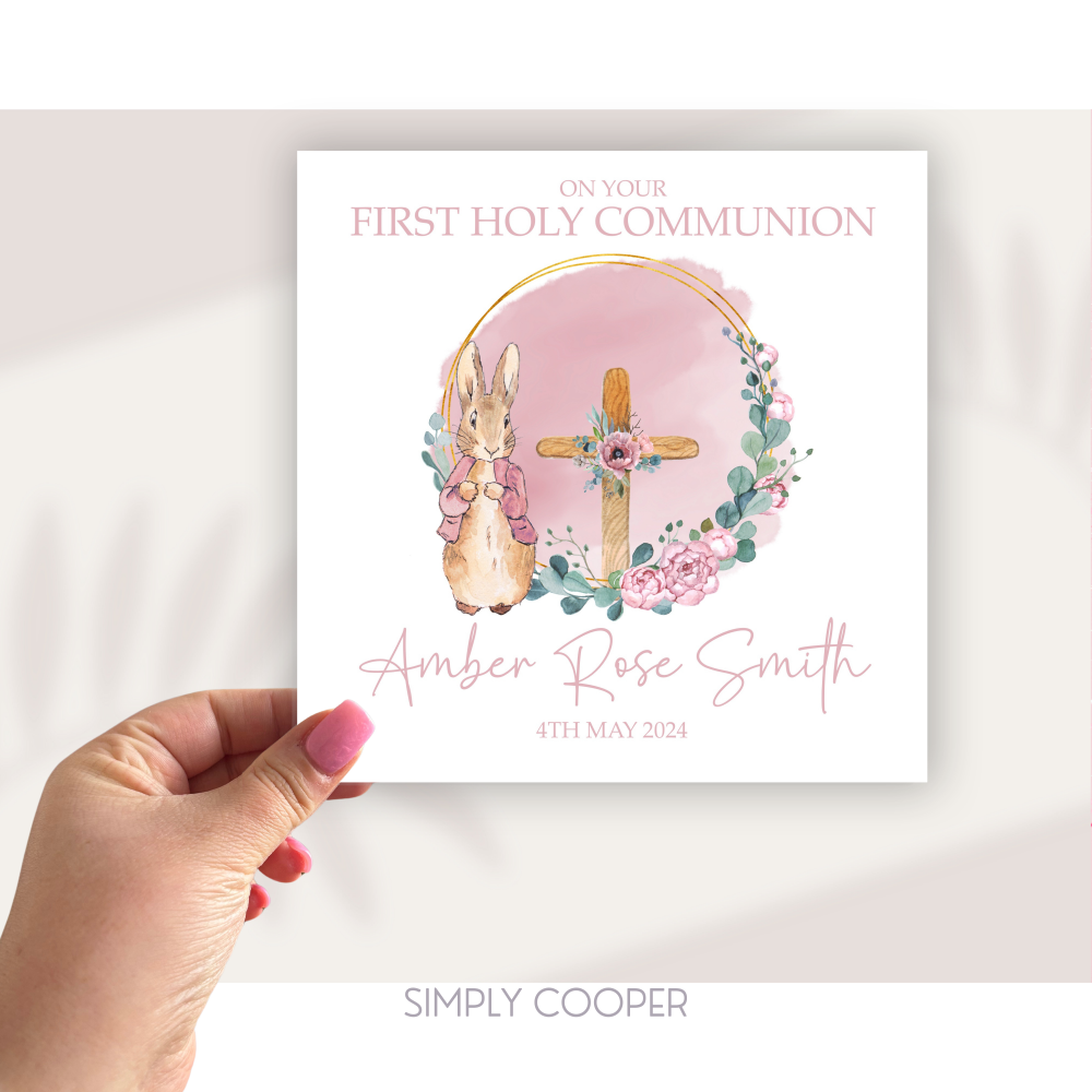 BUNNY FLORAL FIRST HOLY COMMUNION CARD - PINK
