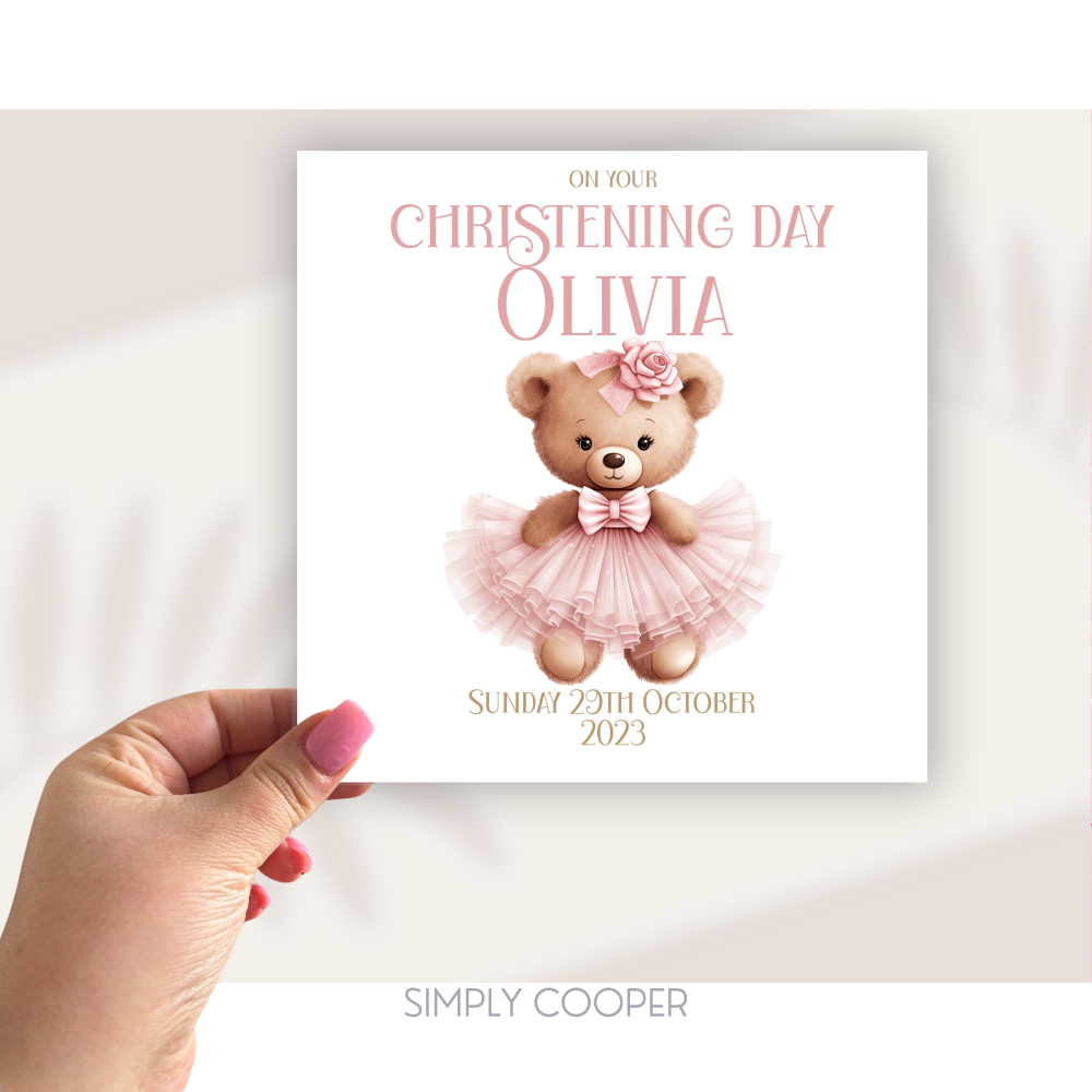 TEDDY CHRISTENING CARD - PINK