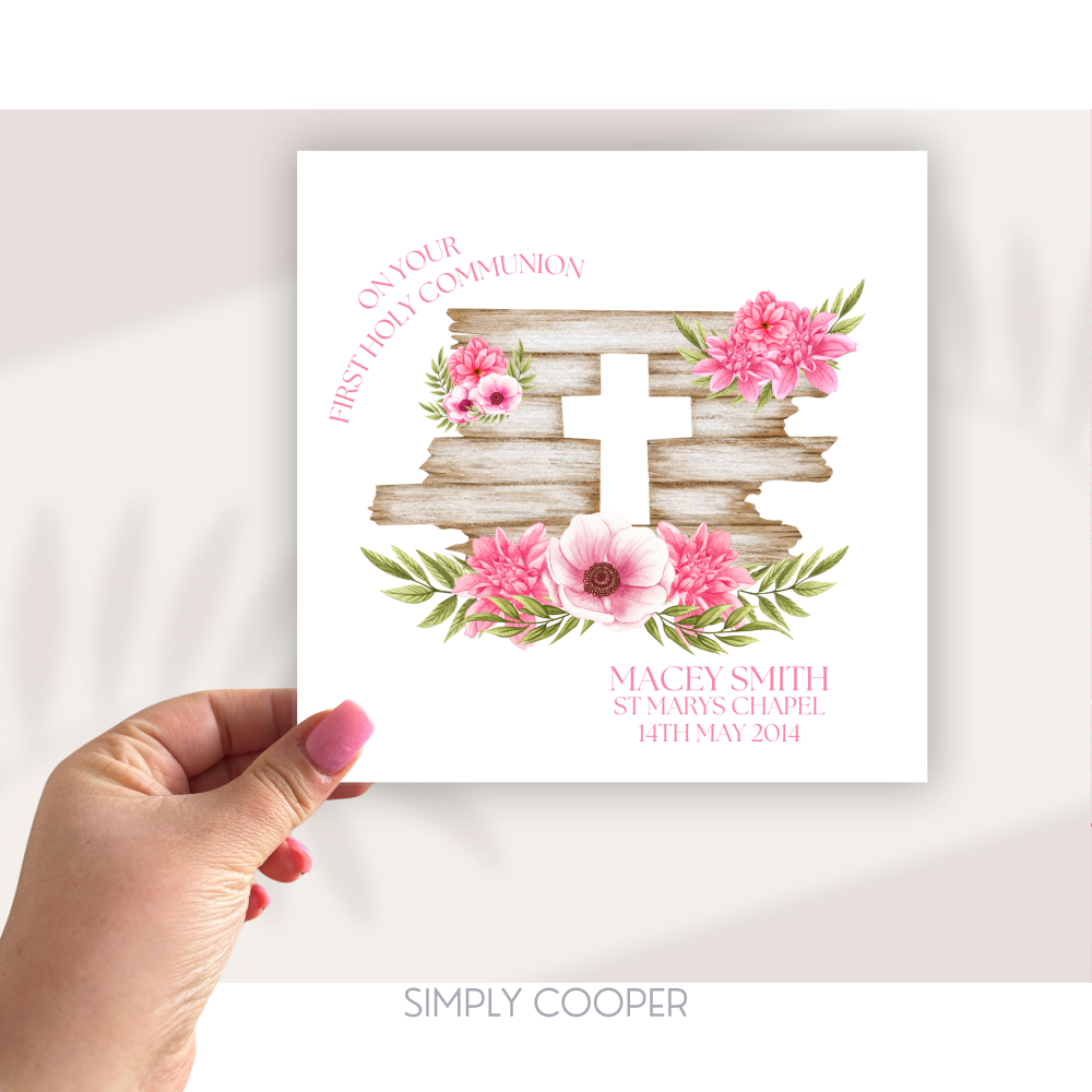FLORAL FIRST HOLY COMMUNION CARD - PINK