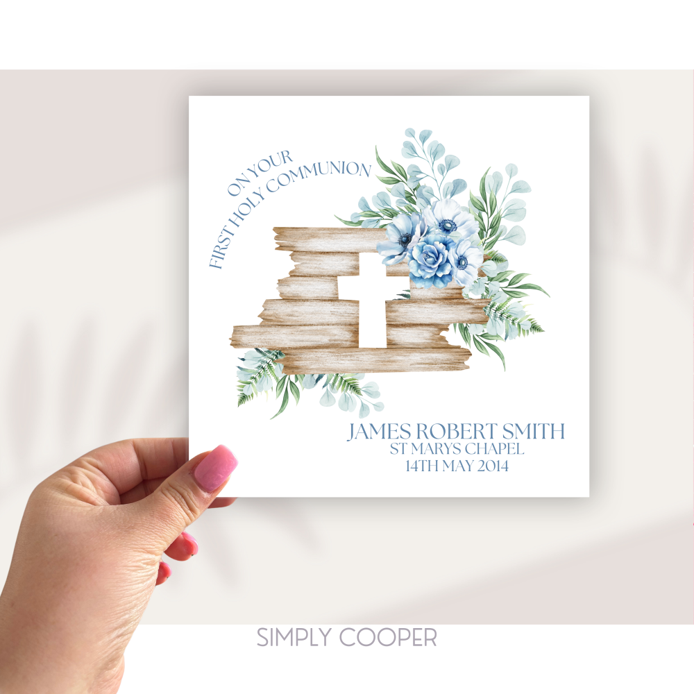 FLORAL FIRST HOLY COMMUNION CARD - BLUE