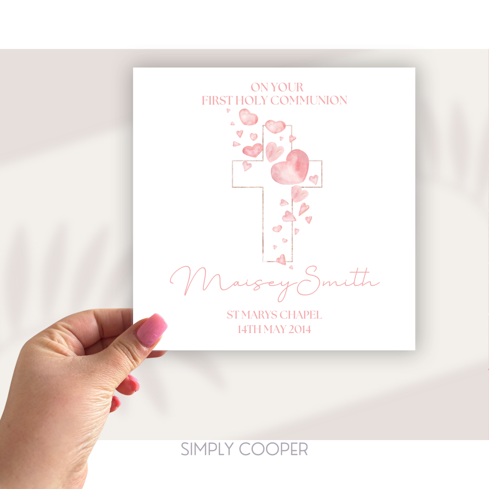 HEARTS FIRST HOLY COMMUNION CARD - PINK
