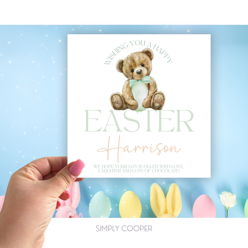 CUTE BEAR HAPPY EASTER CARD - 2 COLOUR OPTIONS AVAILABLE