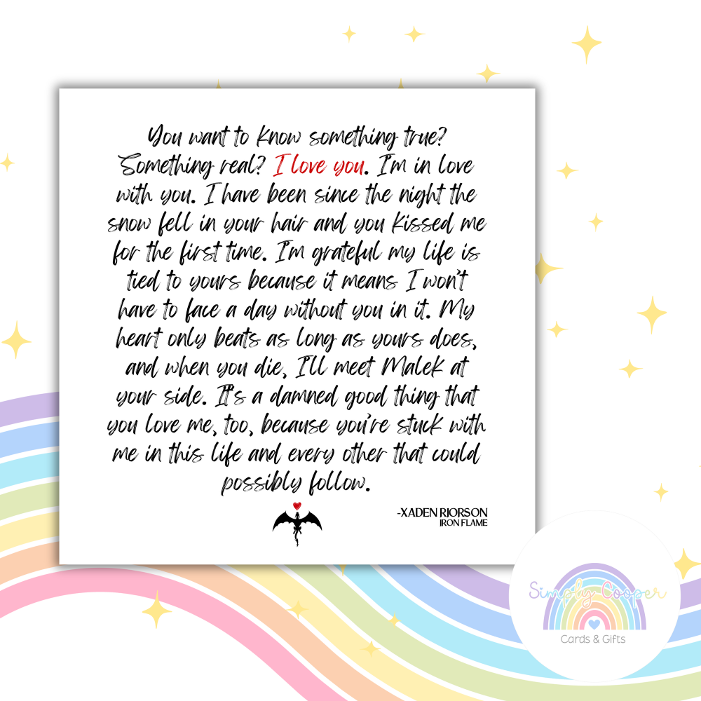 Xaden Riorson Love Quote Card | Fourth Wing Iron Flame Inspired Card | Fantasy Romance Book Quote