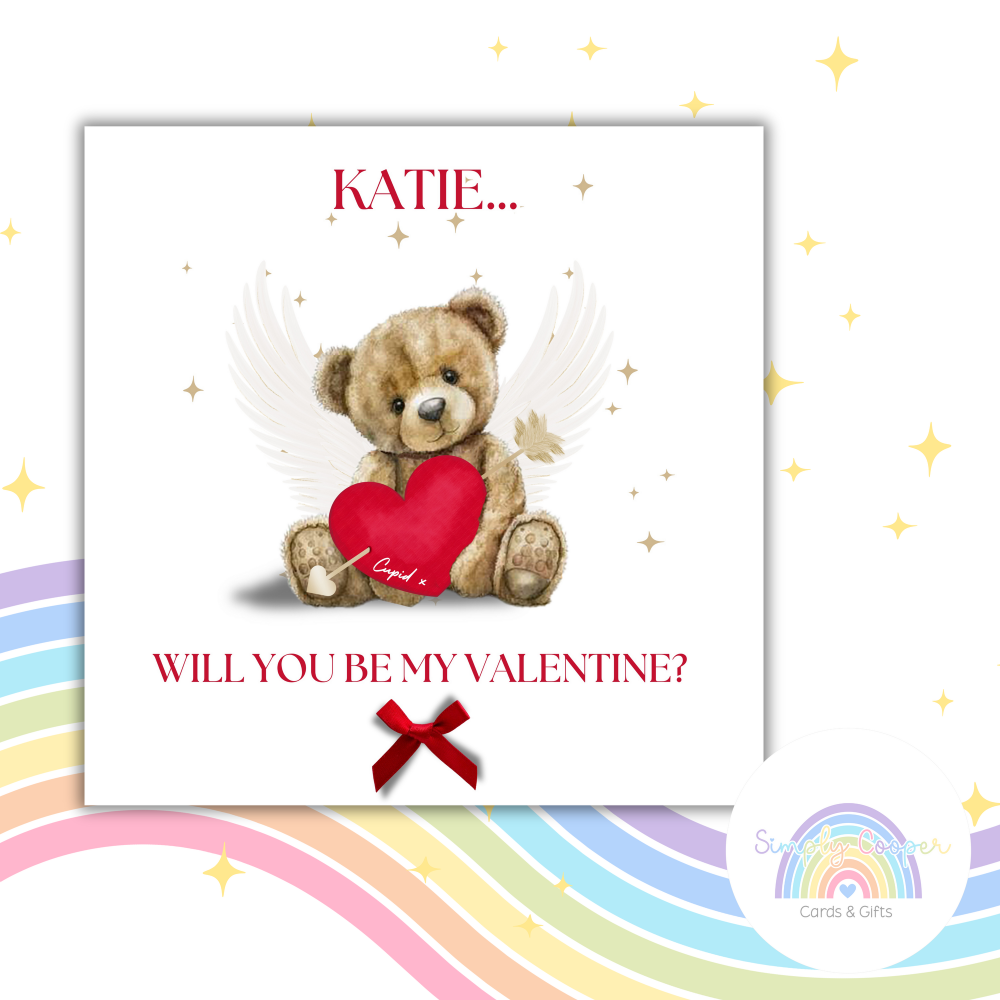 Personalised Teddy Bear Valentine Card | Will You Be My Valentine Card | Cute Bear Valentine | Custom Name Card