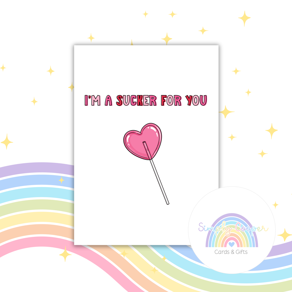 I&rsquo;m a Sucker for You Card | Cute Funny Valentine&rsquo;s Day Card | Heart Lollipop Love Card | Romantic Pun Card