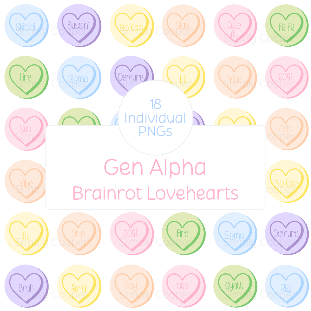 Gen Alpha Brainrot Love Hearts PNG | Slang Aesthetic Digital Stickers | Pastel Heart Clipart | Cute Trendy PNG Set