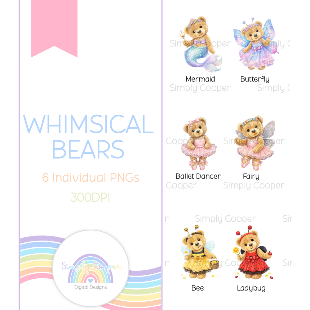 Whimsical Teddy Sublimation PNG | Mermaid Fairy Butterfly Ballet Bee Ladybug Fantasy Clipart | Instant Download