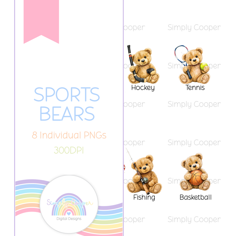 Sports Teddy Bear Sublimation Bundle PNG | Sporty Clipart  | Instant Download