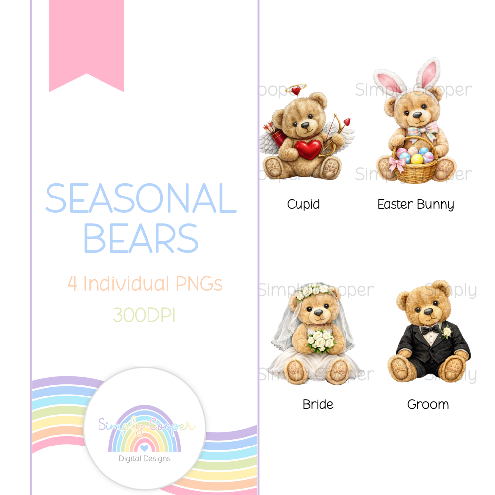 Seasonal Teddy Bear Sublimation Bundle PNG | Bride Groom Cupid Easter Bunny | Instant Download