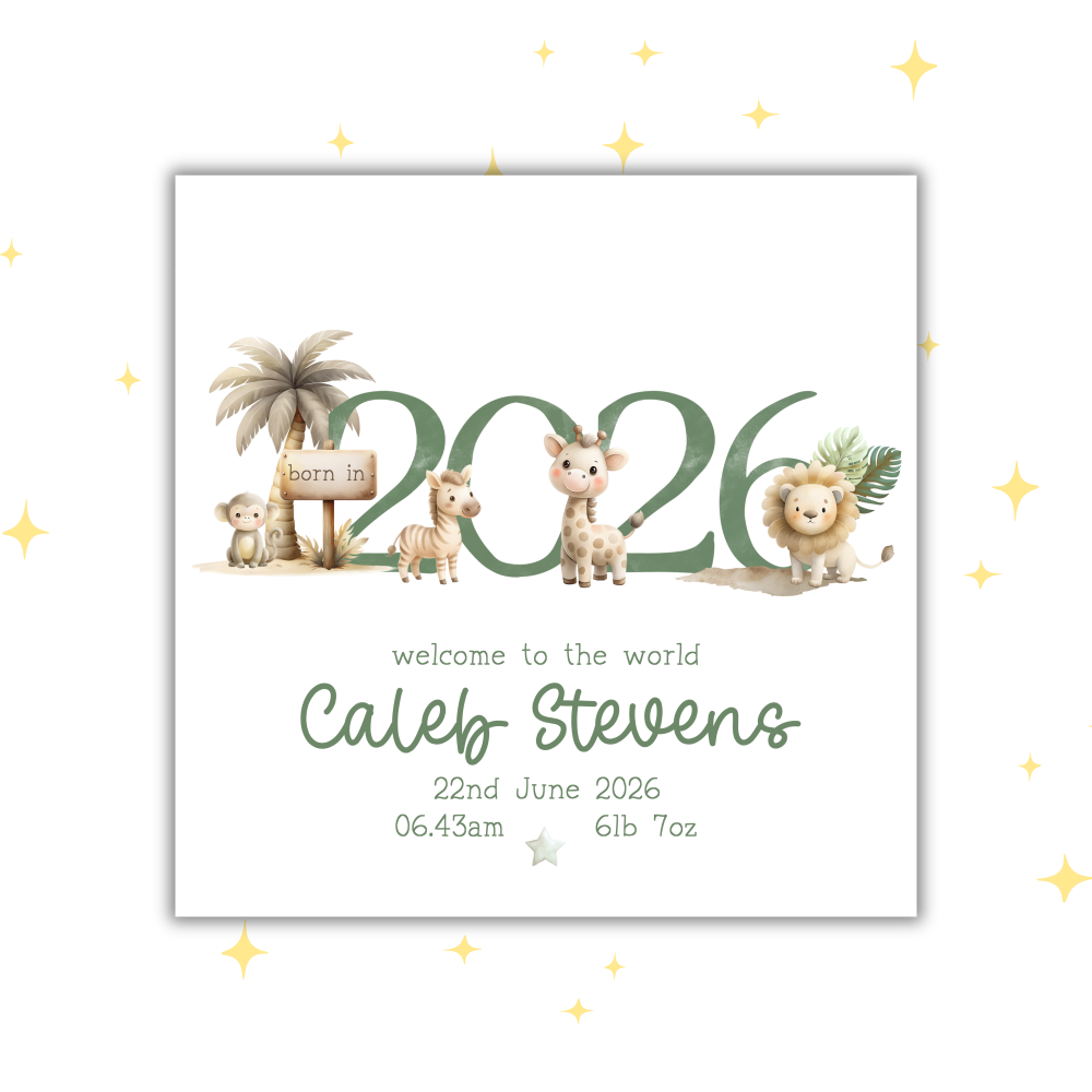 PERSONALISED NEW BABY CARD | BORN IN 2026 | JUNGLE