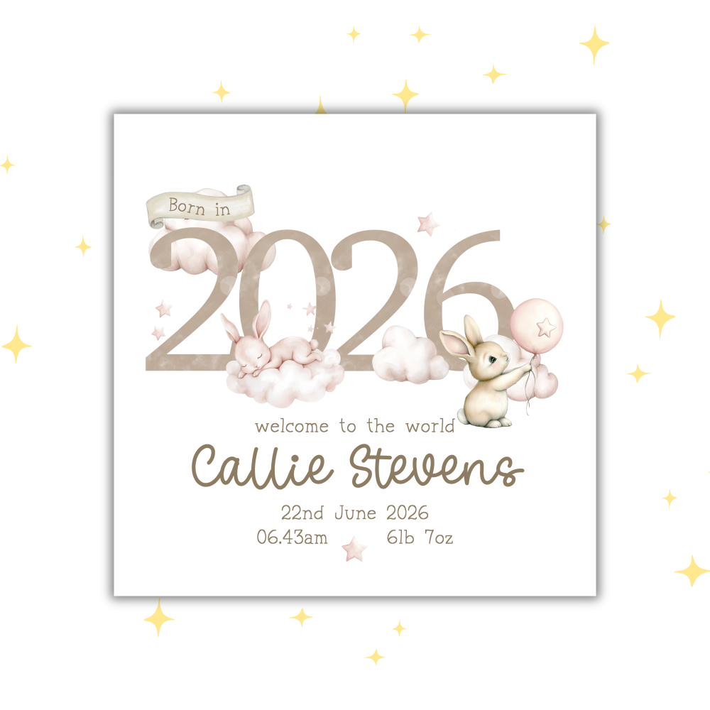 PERSONALISED NEW BABY CARD | BORN IN 2026 | BUNNY