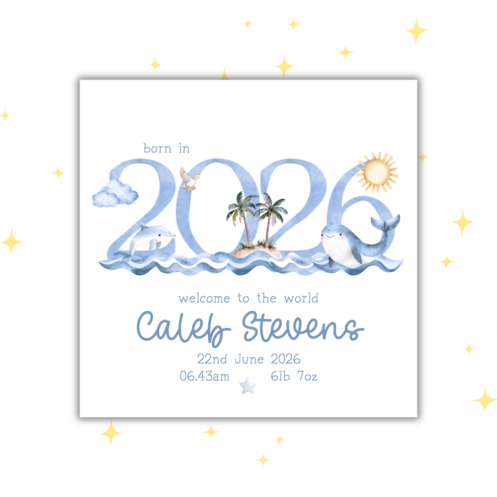 PERSONALISED NEW BABY CARD | BORN IN 2026 | SEA