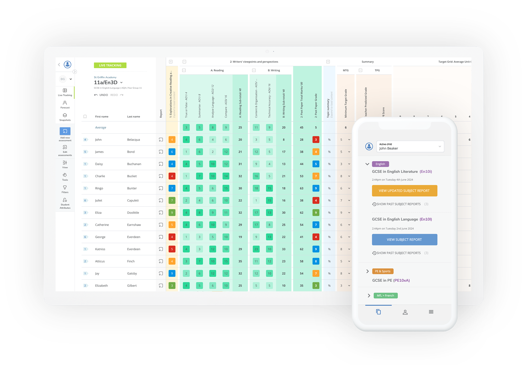 Pupil Progress tracker shown on desktop and individual student reports shown on device