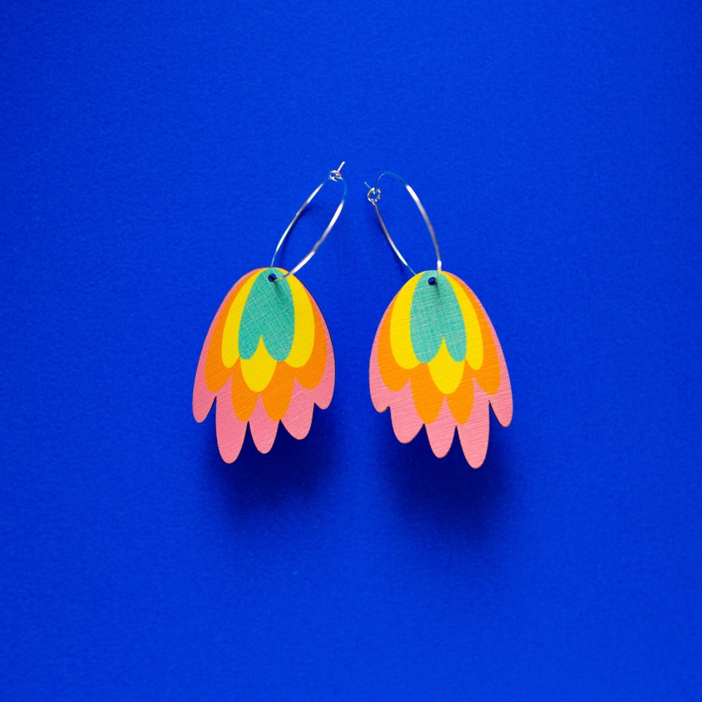 Rainbow Drop Hoop Earrings | Printed Wood Jewellery