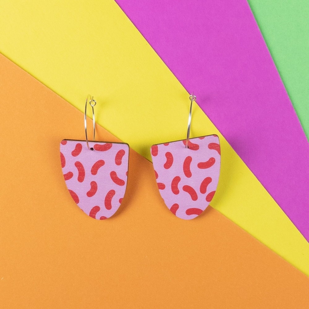 Funky Pink and Red Hoop Earrings | Printed Wood Jewellery