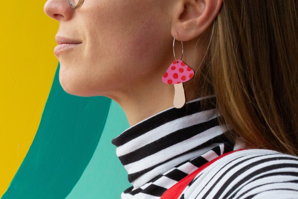 Mushroom Earrings - Pink and Red Toadstools | Printed Wood Jewellery