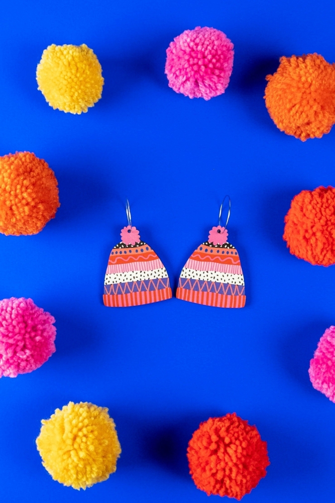Bobble Hat Earrings - Printed Wood Jewellery