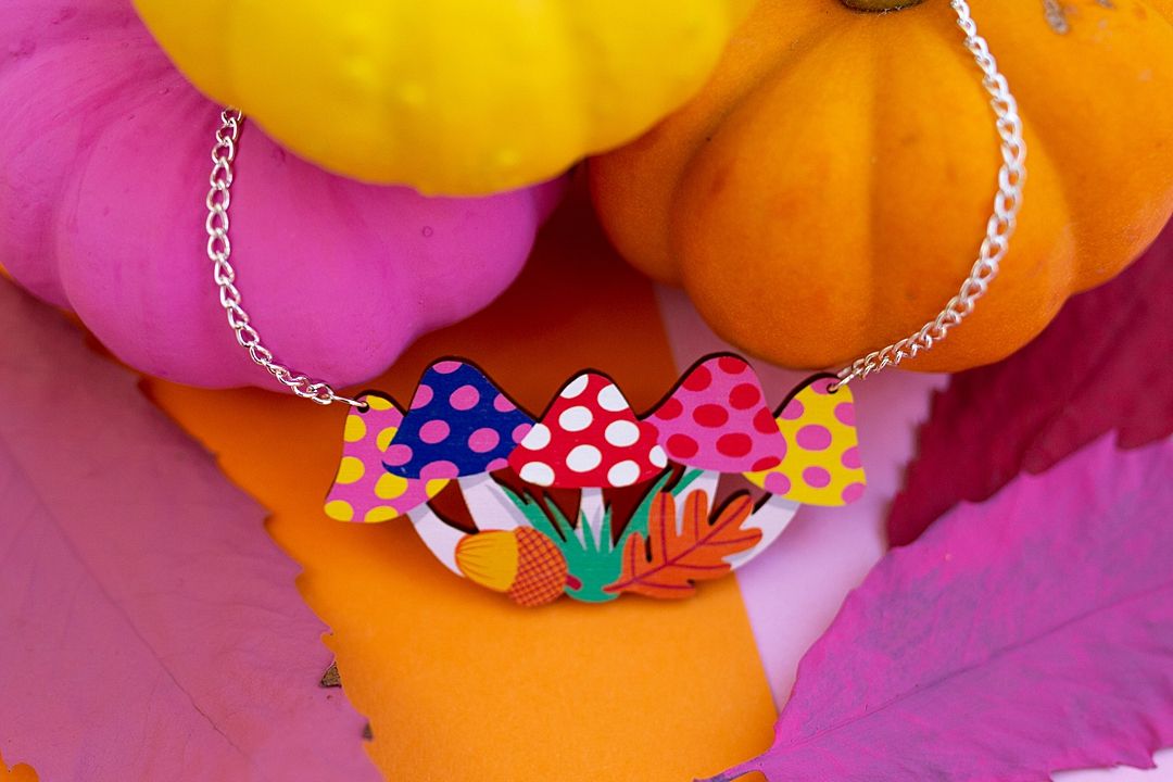 Toadstool Necklace | Colourful Printed Wood Jewellery | Nido Handmade