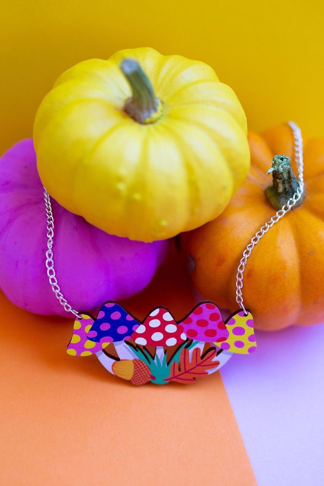 Toadstool Necklace | Colourful Printed Wood Jewellery | Nido Handmade