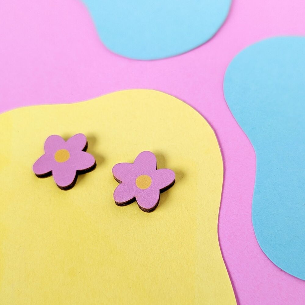 Pink Flower Stud Earrings  | Cute Printed Wood Earrings