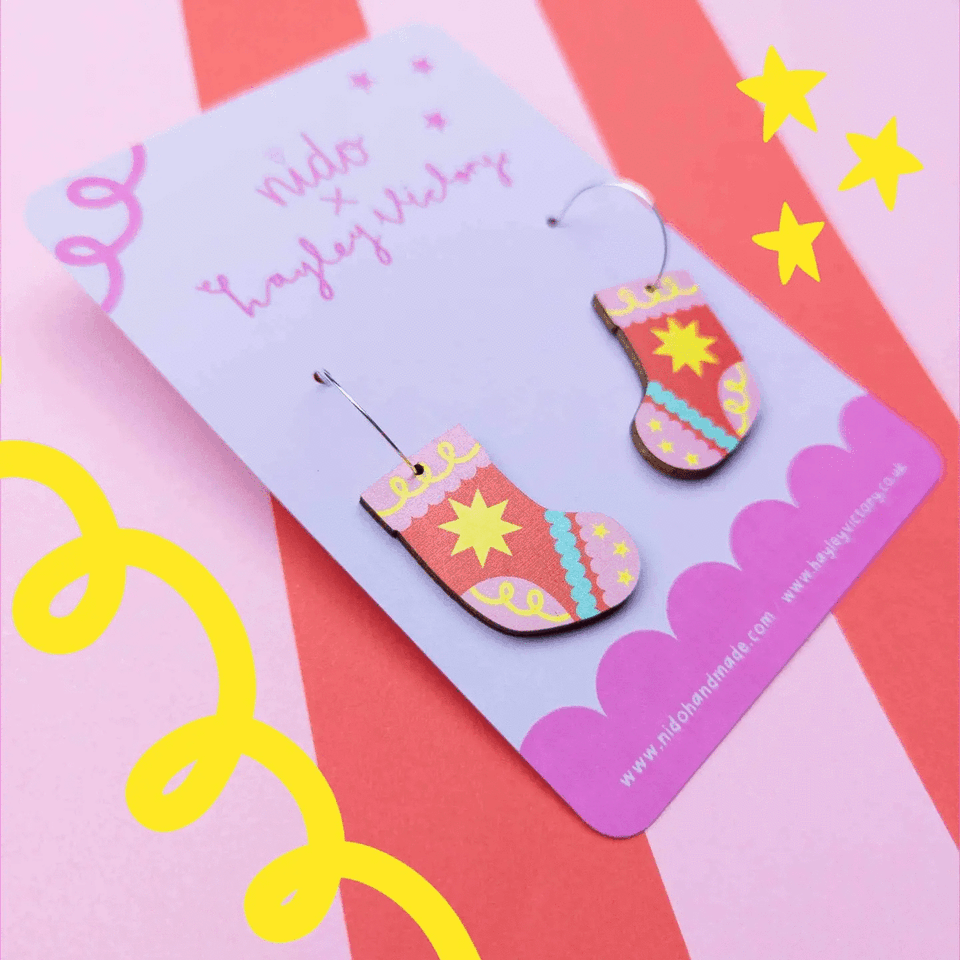 Hayley Victory X Nido Collaboration | Colourful Illustrated Christmas Stocking Earrings