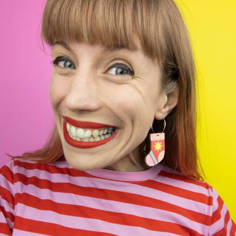 Hayley Victory X Nido Collaboration | Colourful Illustrated Christmas Stocking Earrings