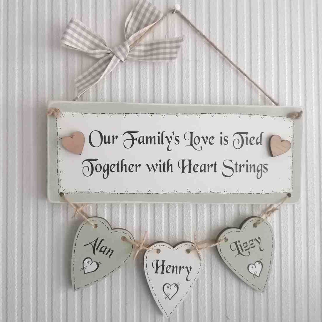 Handmade Personalised Wooden Family Tree Hanging Plaque With Three Hearts