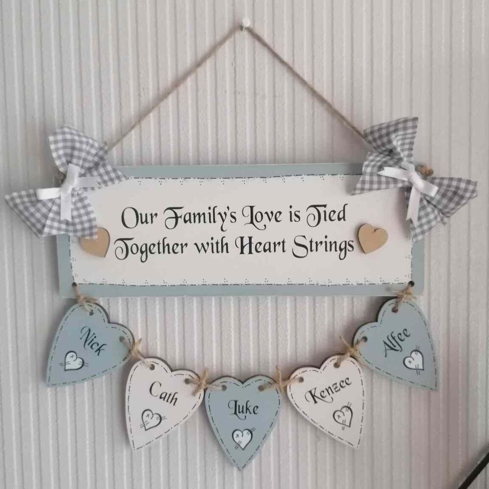 Handcrafted Personalised Wooden Hanging Heart Family Tree Including 5 Names