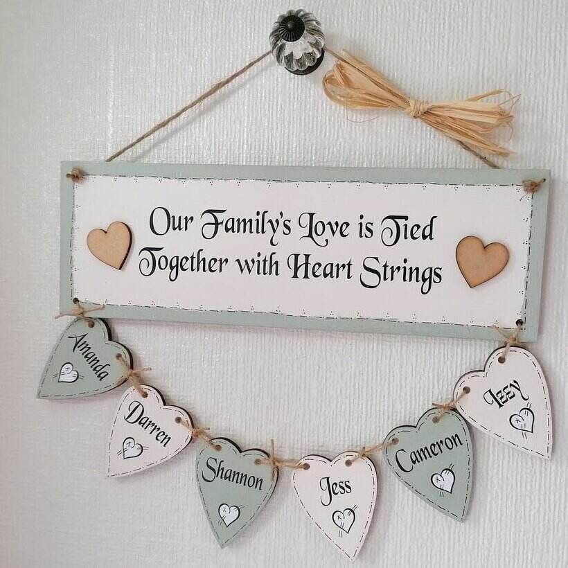 Handcrafted Personalised Wooden Hanging Heart Family Tree Including 6 Names