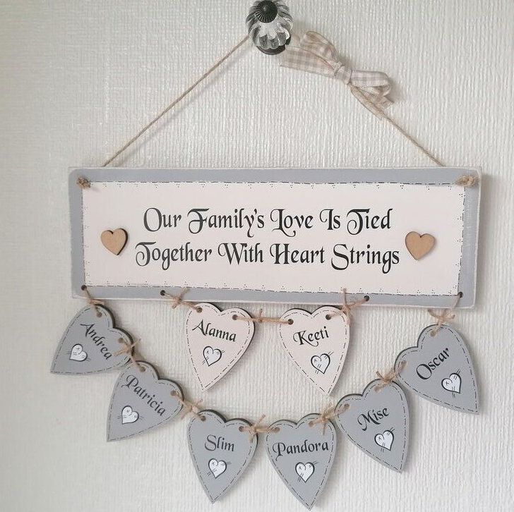 Handcrafted Personalised Wooden Hanging Heart Family Tree Including 8 Names