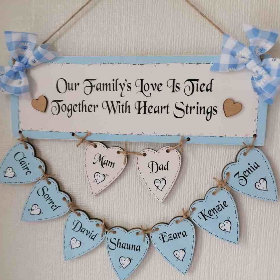 Handcrafted Personalised Wooden Hanging Heart Family Tree Including 9 Names