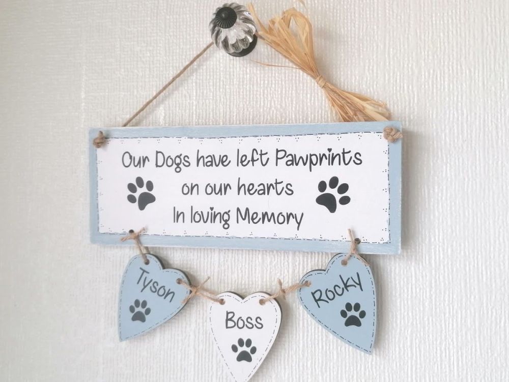 Personalised Dog Memory Wall Hanging Country Blue With Raffia Bow