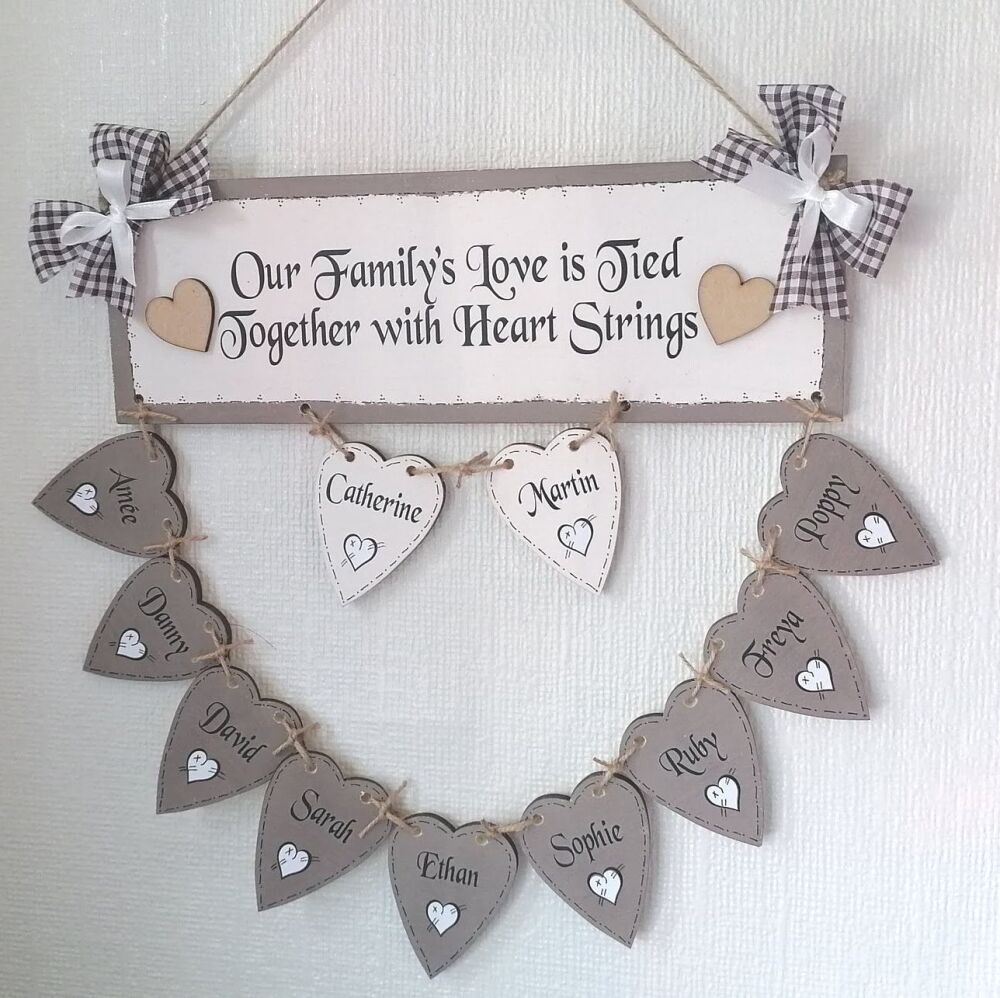 Handcrafted Unique Personalised Wooden Hanging Heart Family Tree Including 10+ Names