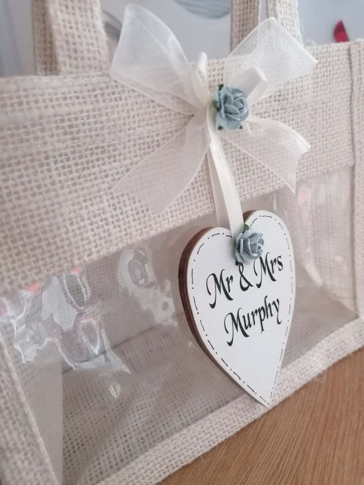 Personalised Jute Gift Bag Including Wooden Handmade Heart Tag