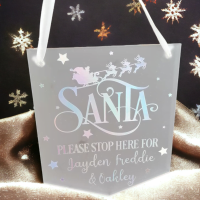 A Santa Please Stop Here Personalised Frosted Hanging Pennant