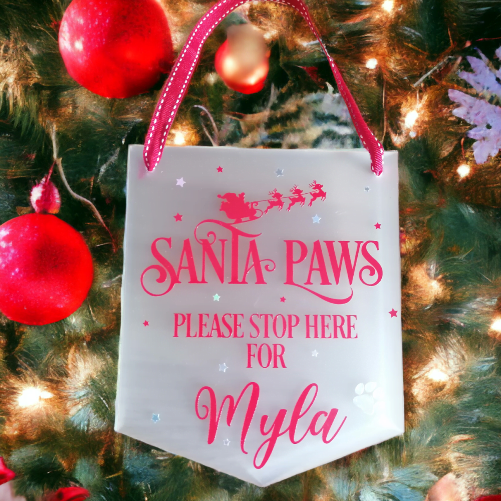 Personalised Frosted Acrylic Wall Hanging Pennant 'Santa Paws'